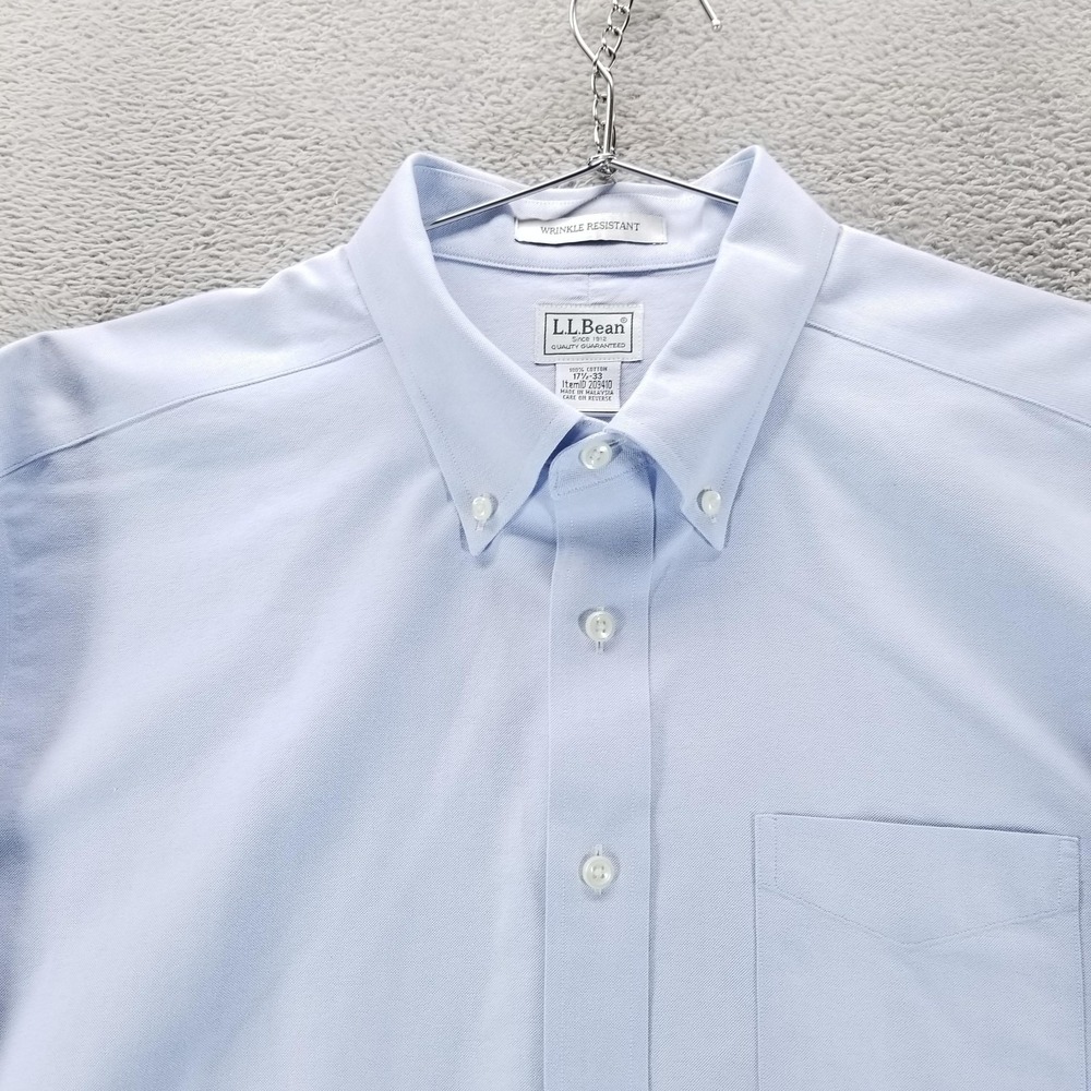 LL Bean Shirt Mens 17.5 33 Blue Oxford Wrinkle Resistant Button Down‎